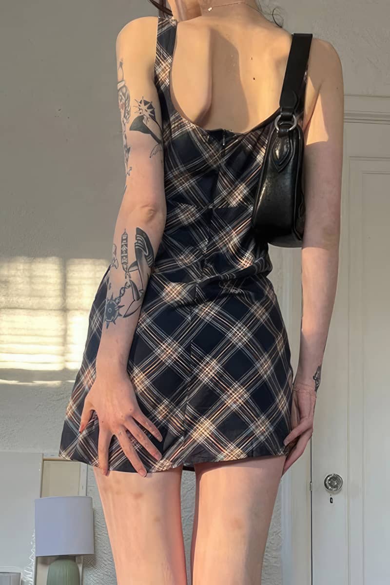 Checked Slit Open Back Dress