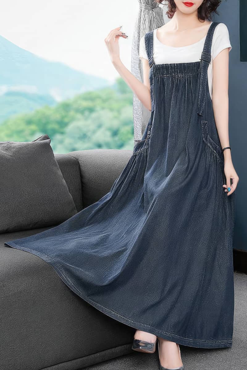 Loose and Casual Denim Overall Dress with Wide Swing