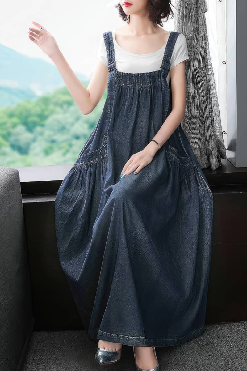 Loose and Casual Denim Overall Dress with Wide Swing