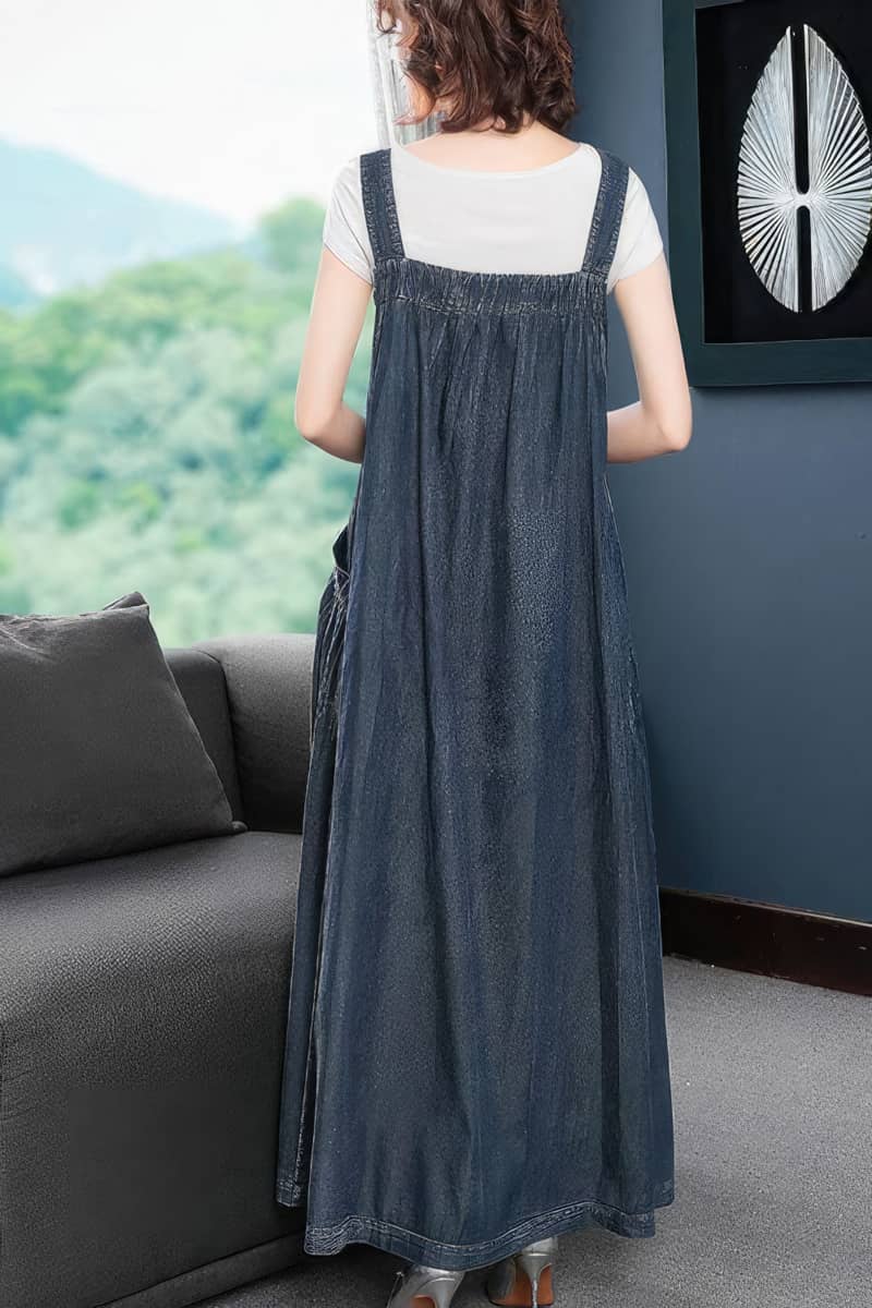 Loose and Casual Denim Overall Dress with Wide Swing