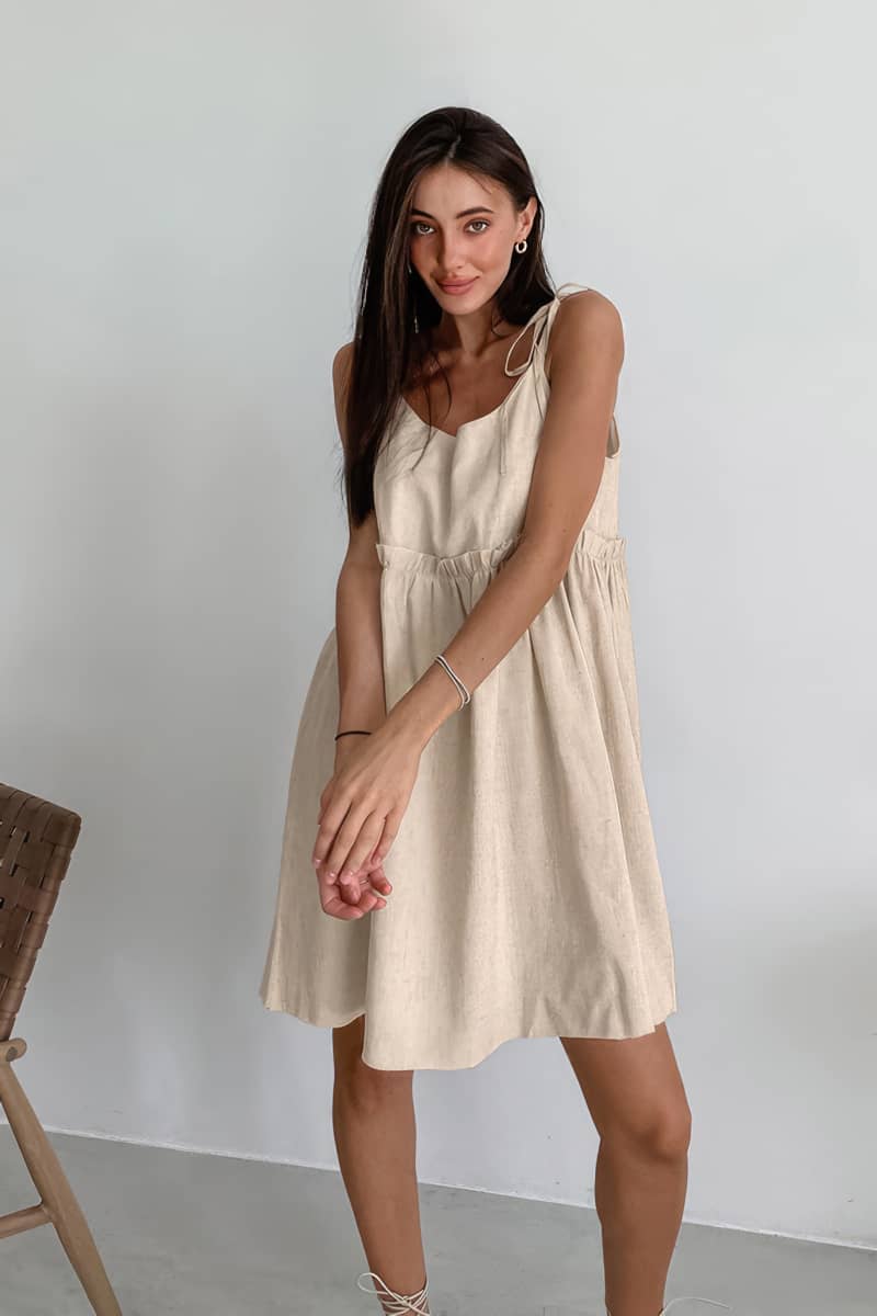 Loose Cotton and Linen A-line Sundress with Spaghetti Straps