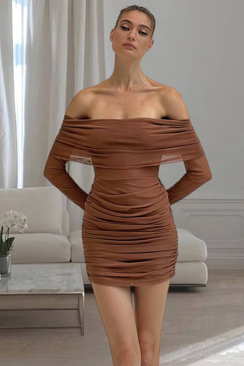 Mesh Off-Shoulder Long Sleeve Pleated Dress
