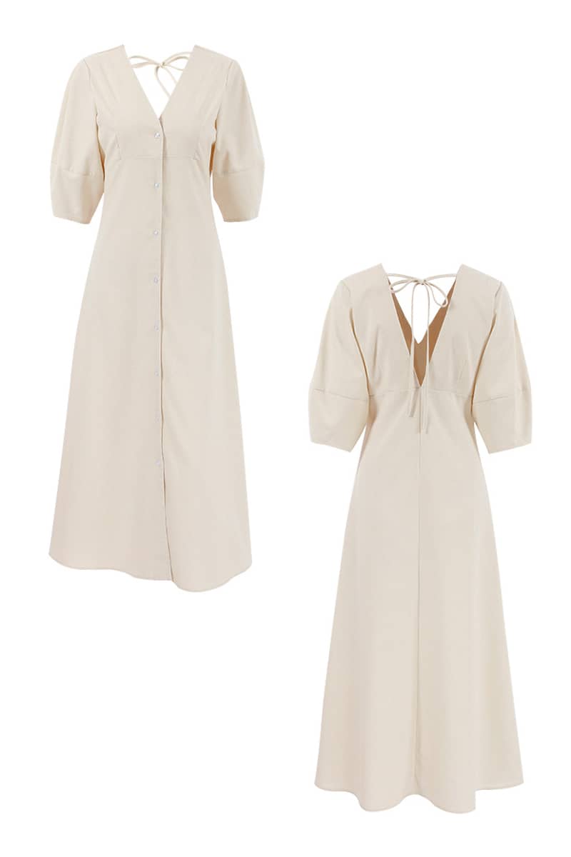 Beige Cotton Linen Puff Sleeve V-Neck Cardigan Dress