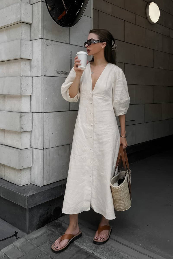 Beige Cotton Linen Puff Sleeve V-Neck Cardigan Dress