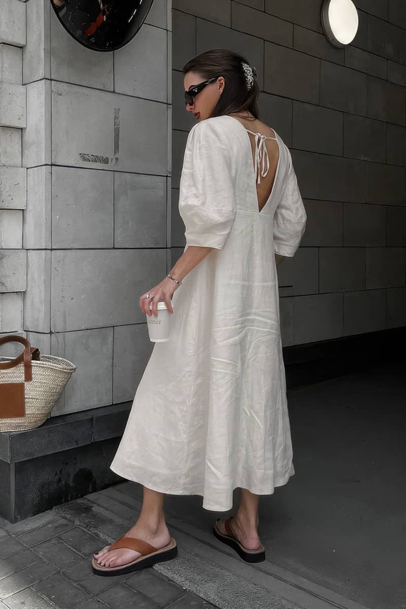 Beige Cotton Linen Puff Sleeve V-Neck Cardigan Dress