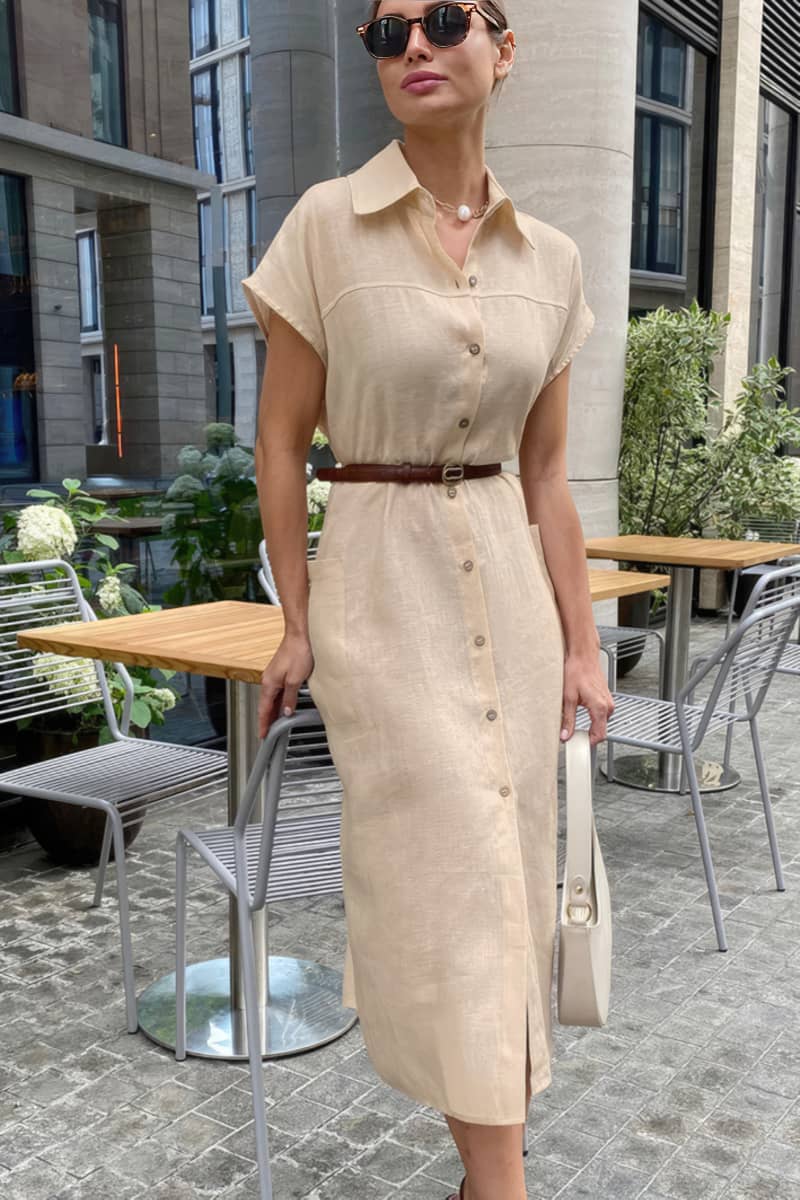 Sleeveless Linen-Cotton Blend Dress with V-Neckline and High Waist