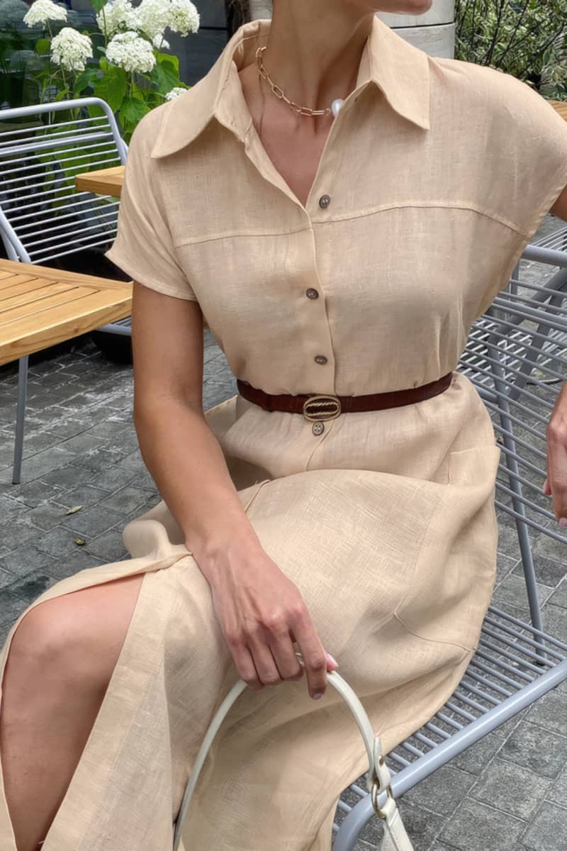 Sleeveless Linen-Cotton Blend Dress with V-Neckline and High Waist