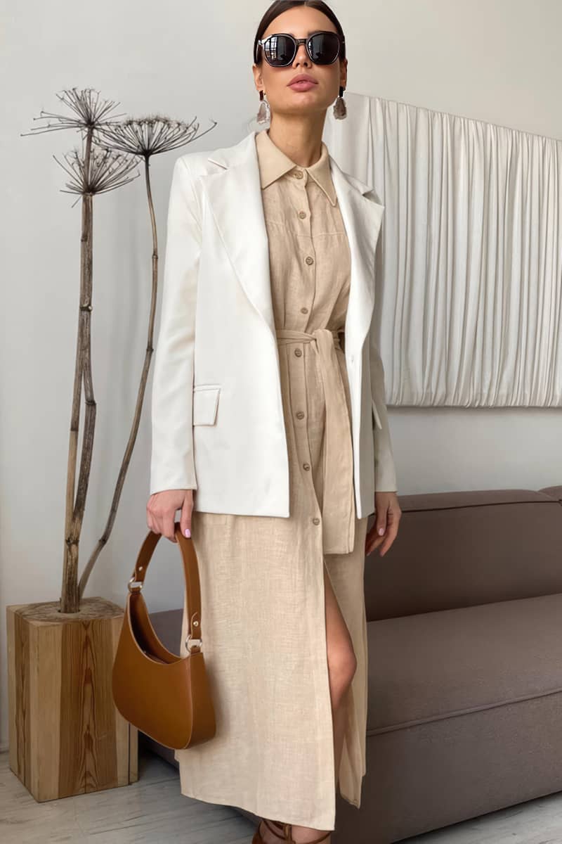 Sleeveless Linen-Cotton Blend Dress with V-Neckline and High Waist