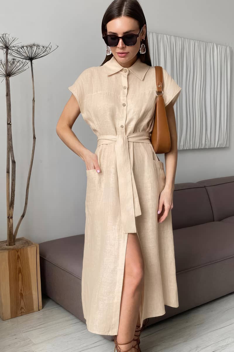 Sleeveless Linen-Cotton Blend Dress with V-Neckline and High Waist
