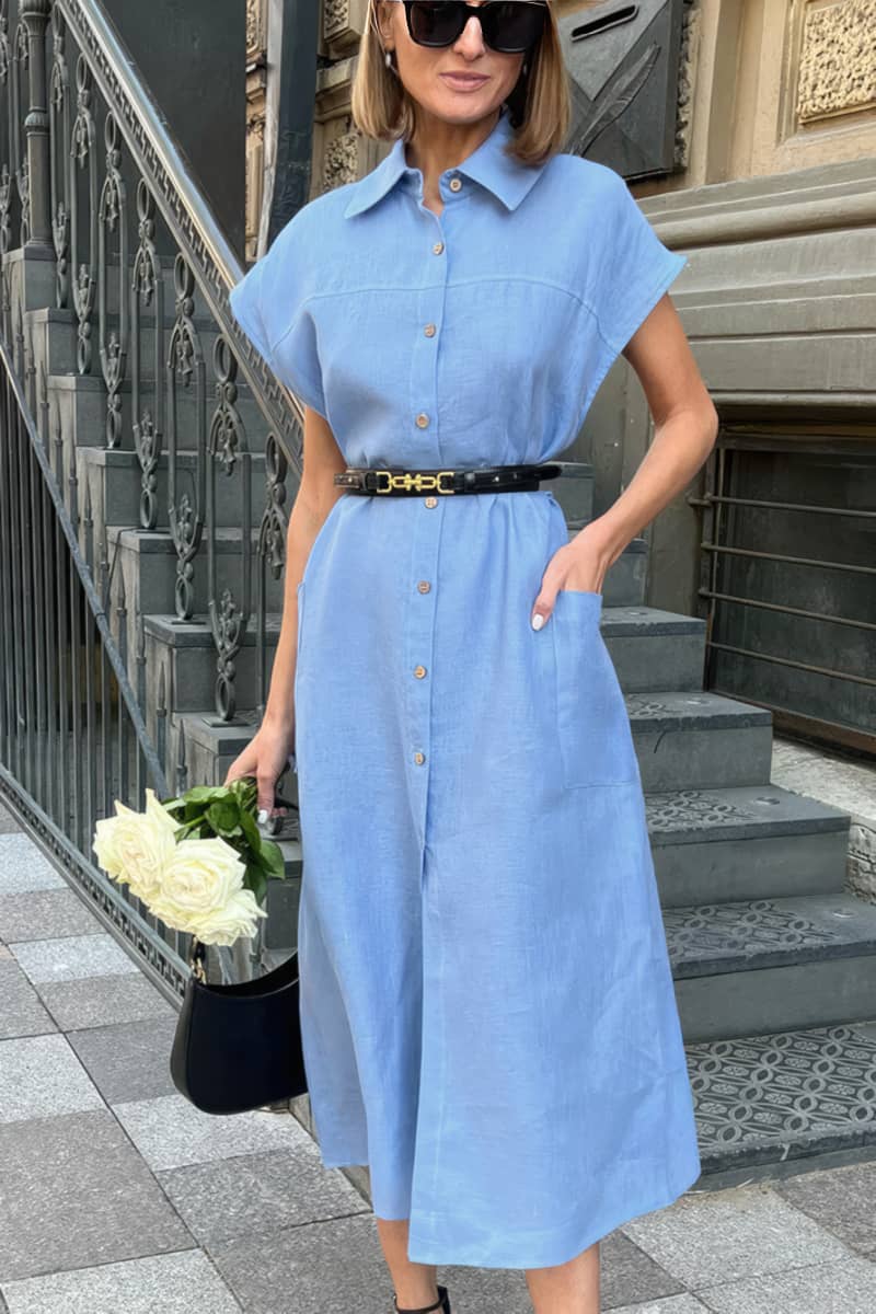 Sleeveless Linen-Cotton Blend Dress with V-Neckline and High Waist