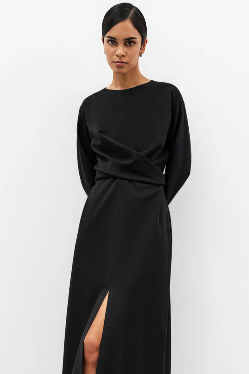 Cross waist slit black dress
