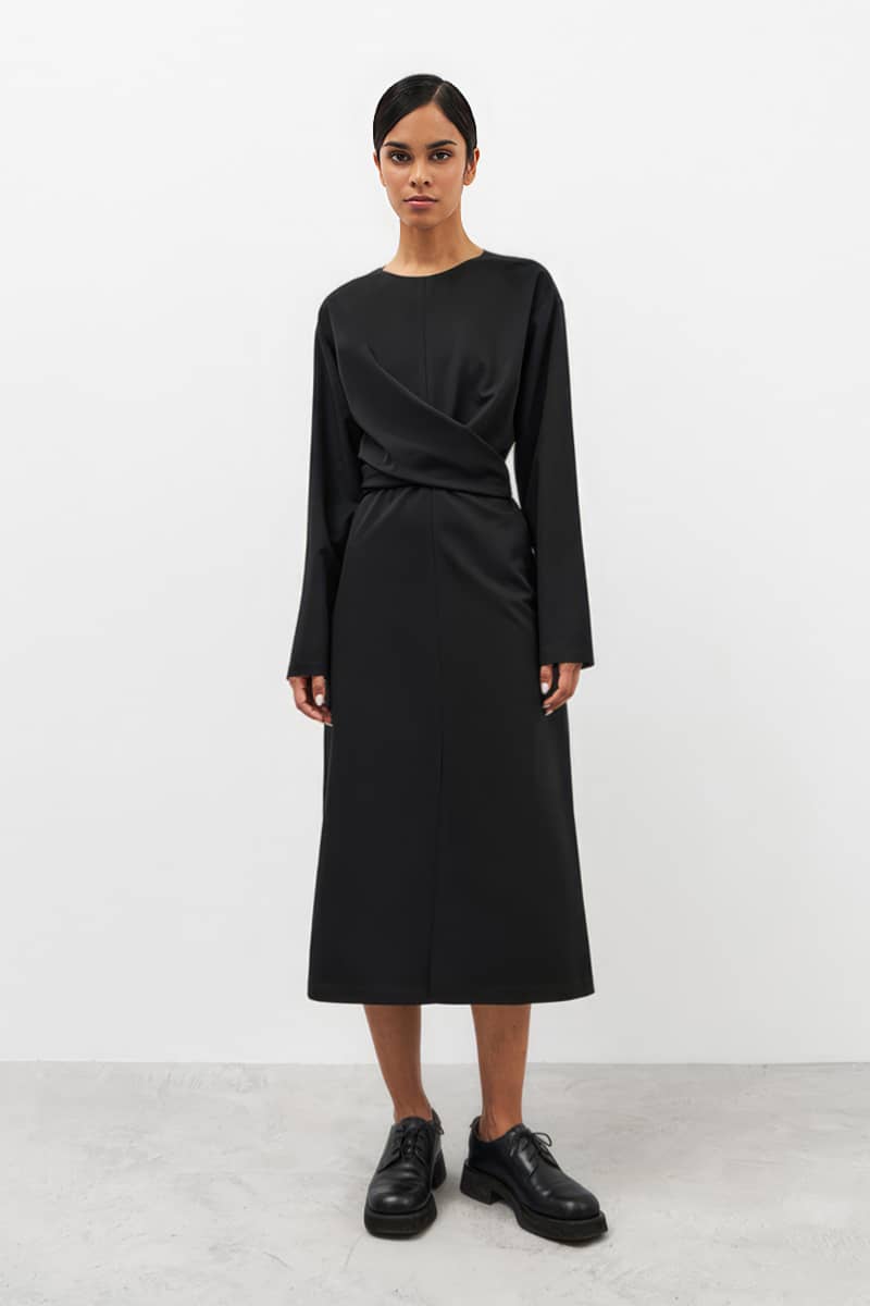 Cross waist slit black dress