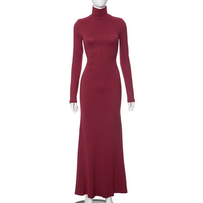 Solid Color Half Turtleneck Sleeveless Satin Dress main image 0