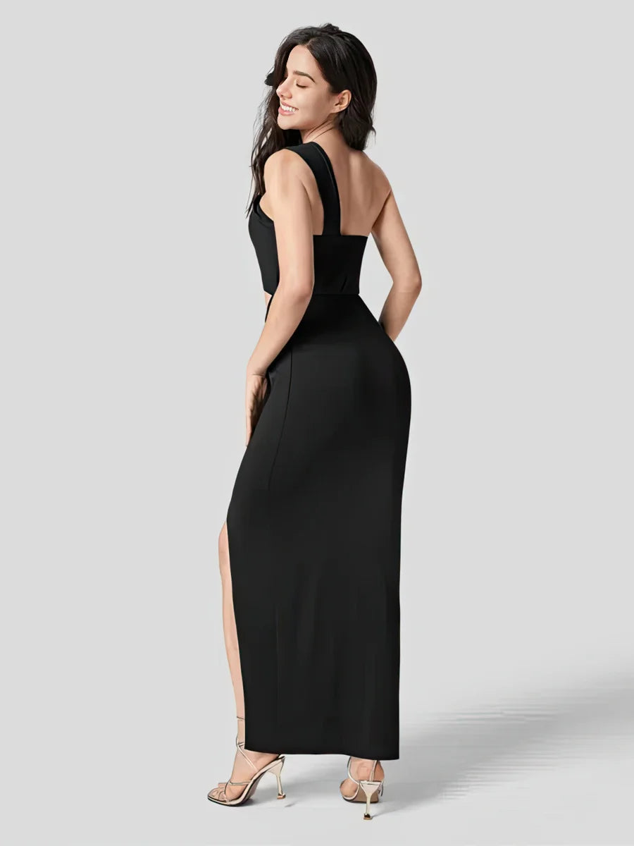Slant-neck halter dress with high waist