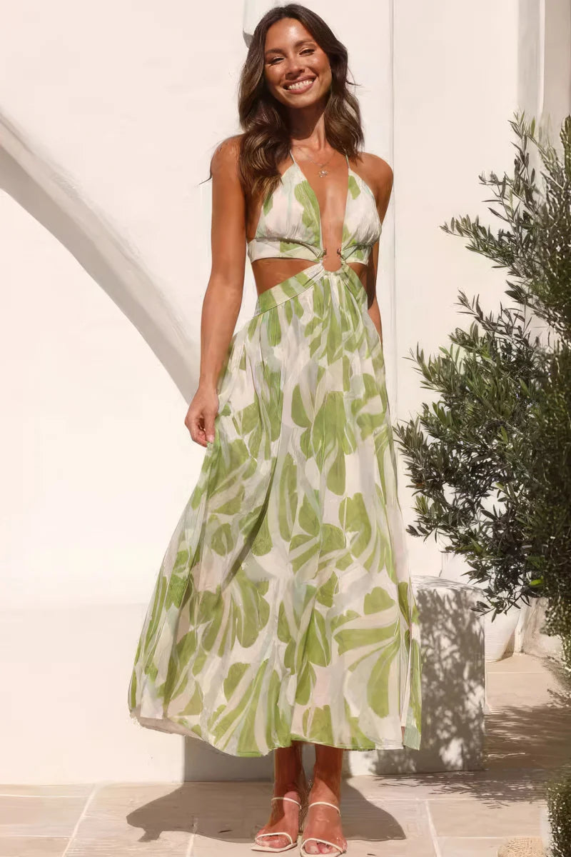 V-neck backless lace-up print dress