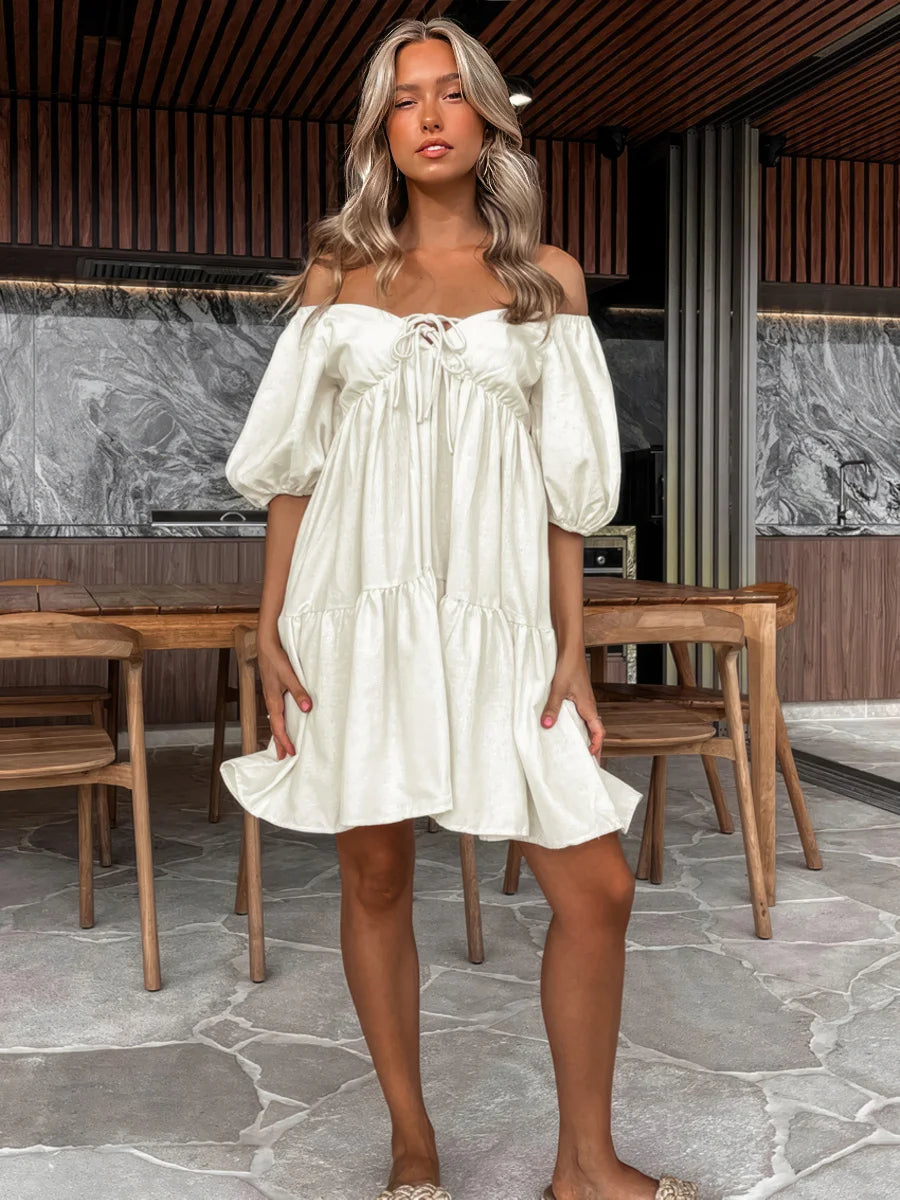 Linen Lace-up V-neck Short Sleeve Dress