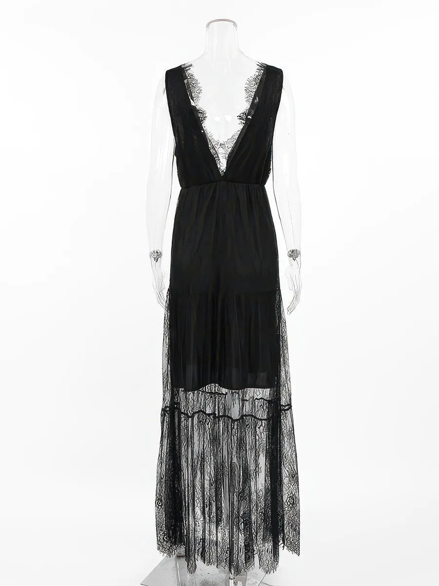 Black Lace Backless Waisted V-Neck A-Line Dress