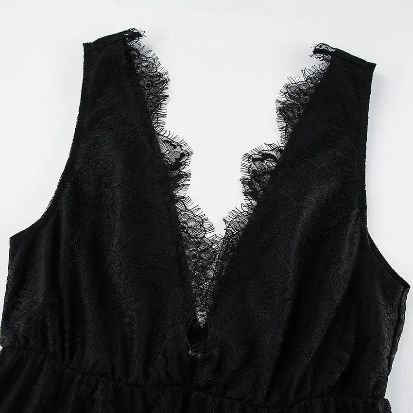 Black Lace Backless Waisted V-Neck A-Line Dress