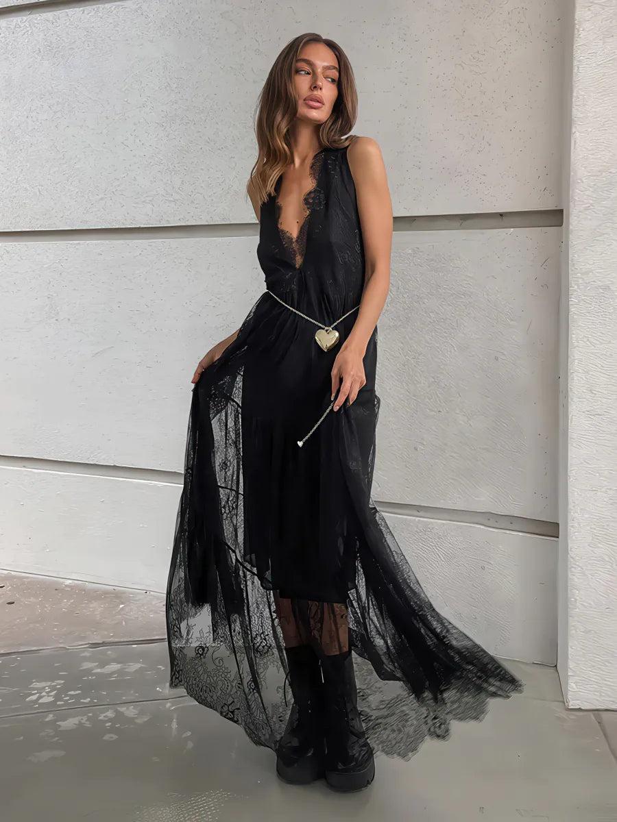 Black Lace Backless Waisted V-Neck A-Line Dress
