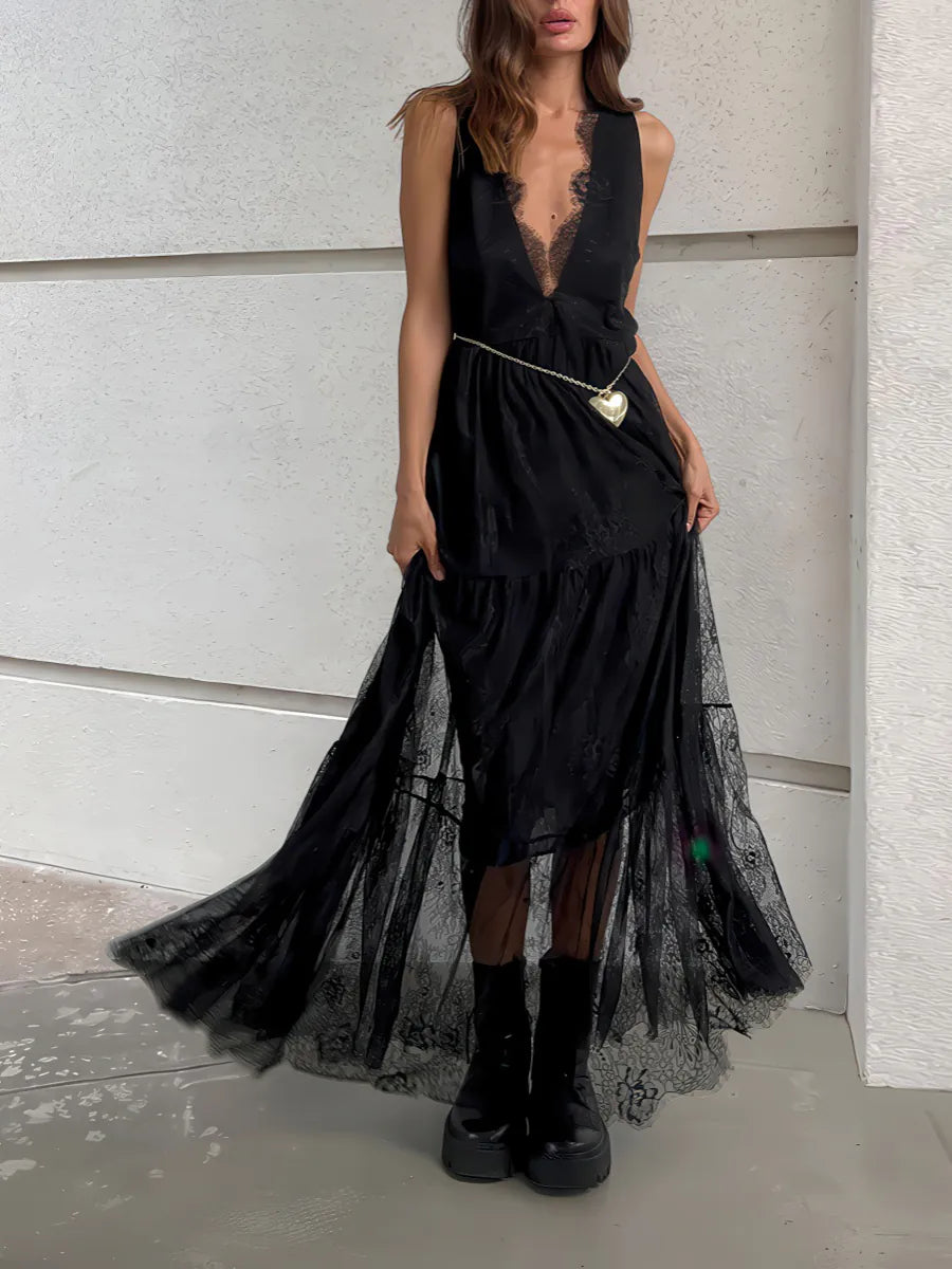 Black Lace Backless Waisted V-Neck A-Line Dress