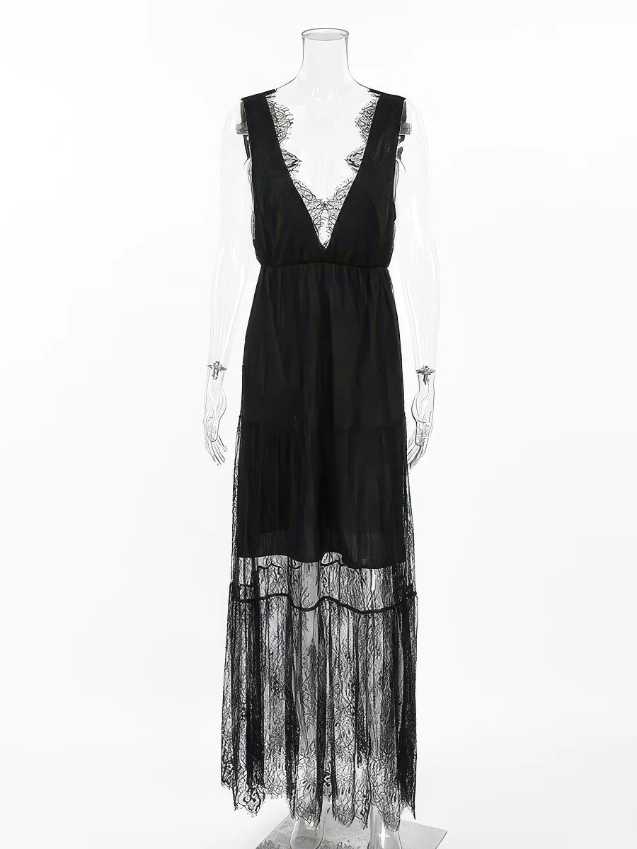 Black Lace Backless Waisted V-Neck A-Line Dress