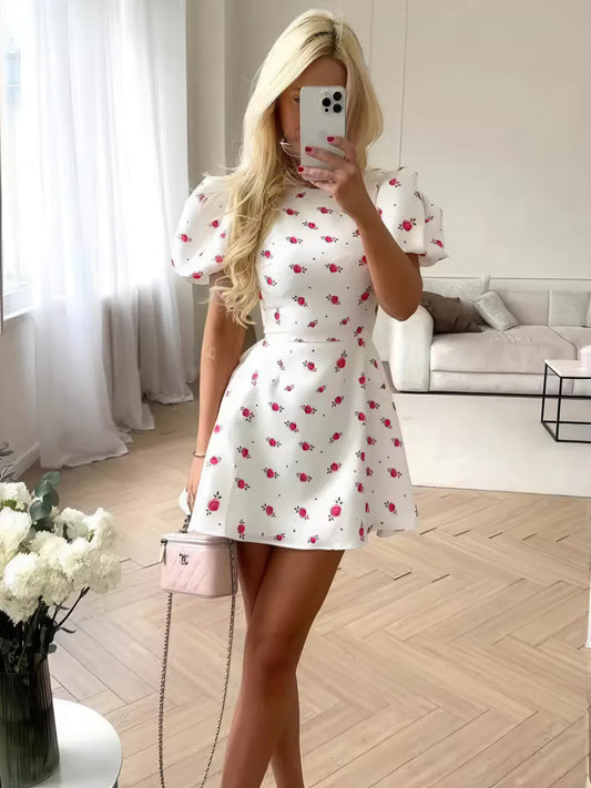 Puff Sleeve Floral Short Dress