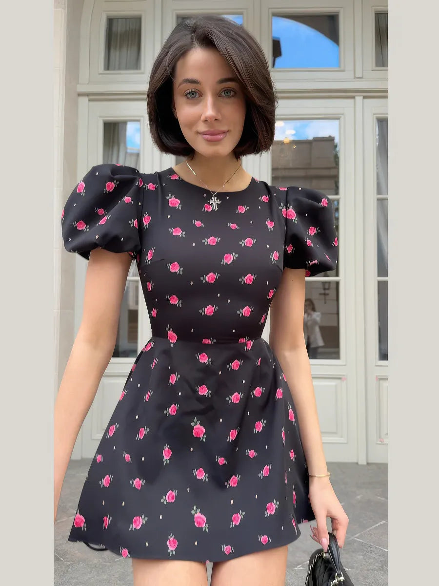 Puff Sleeve Floral Short Dress