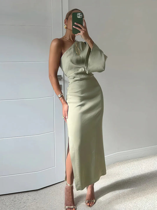 Slant Shoulder Silk Twill Dress