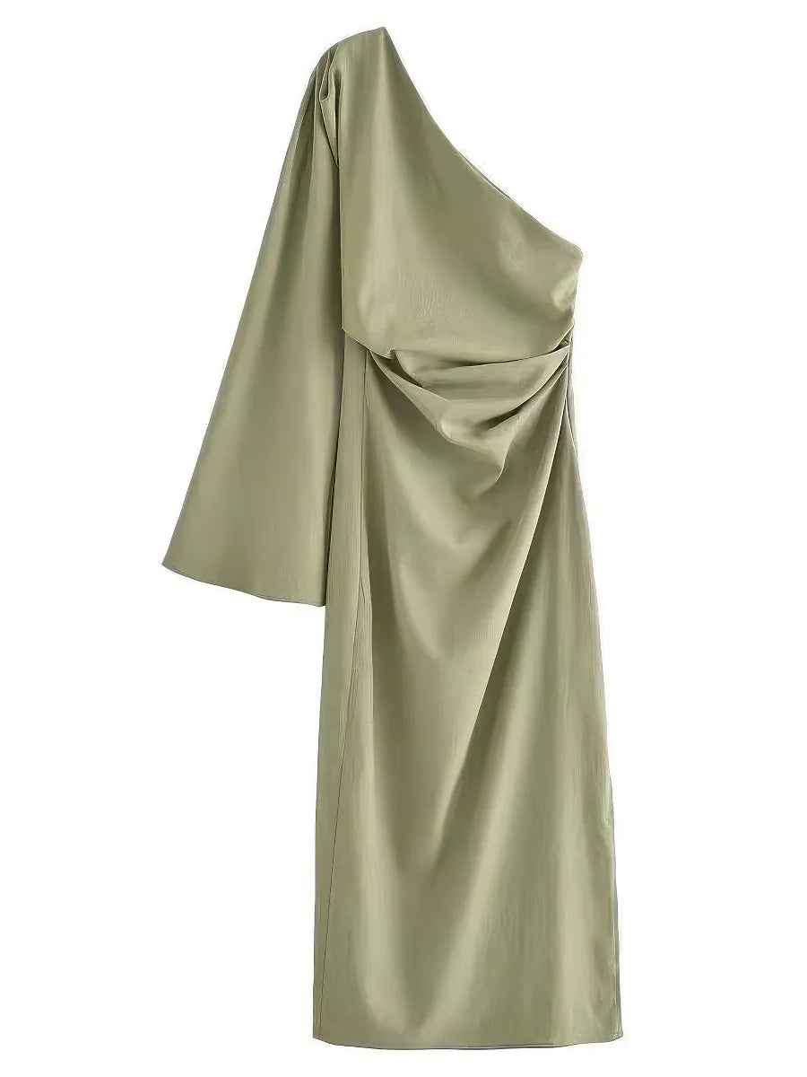 Slant Shoulder Silk Twill Dress