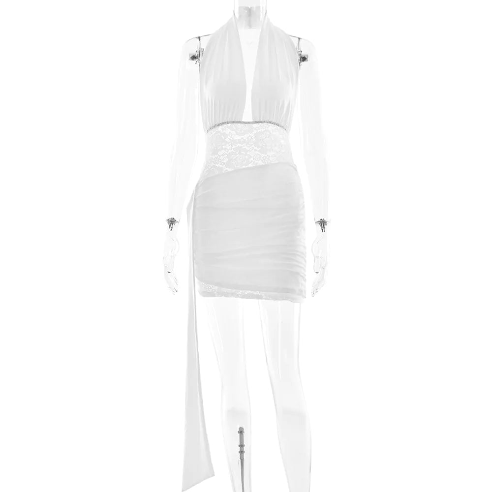 V-neck lace patchwork halter neck ribbon hip dress