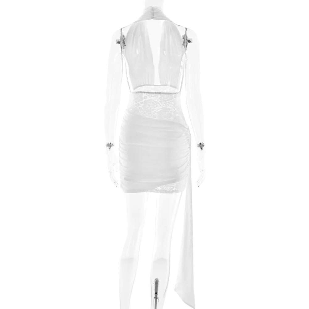 V-neck lace patchwork halter neck ribbon hip dress