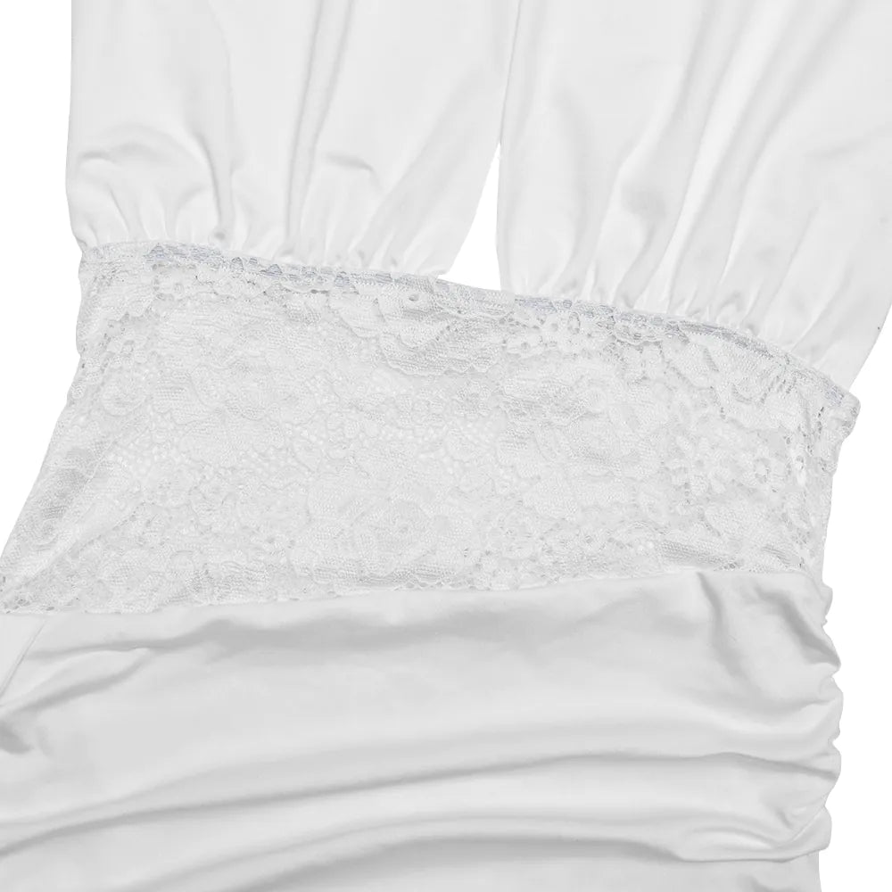 V-neck lace patchwork halter neck ribbon hip dress