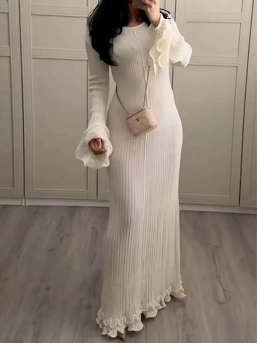 Pleated Ruffled Backless Long Sleeve Dress