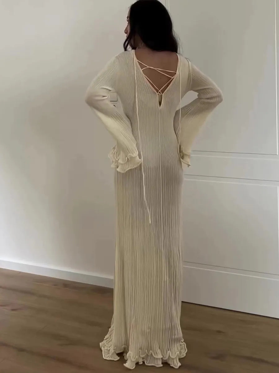 Pleated Ruffled Backless Long Sleeve Dress