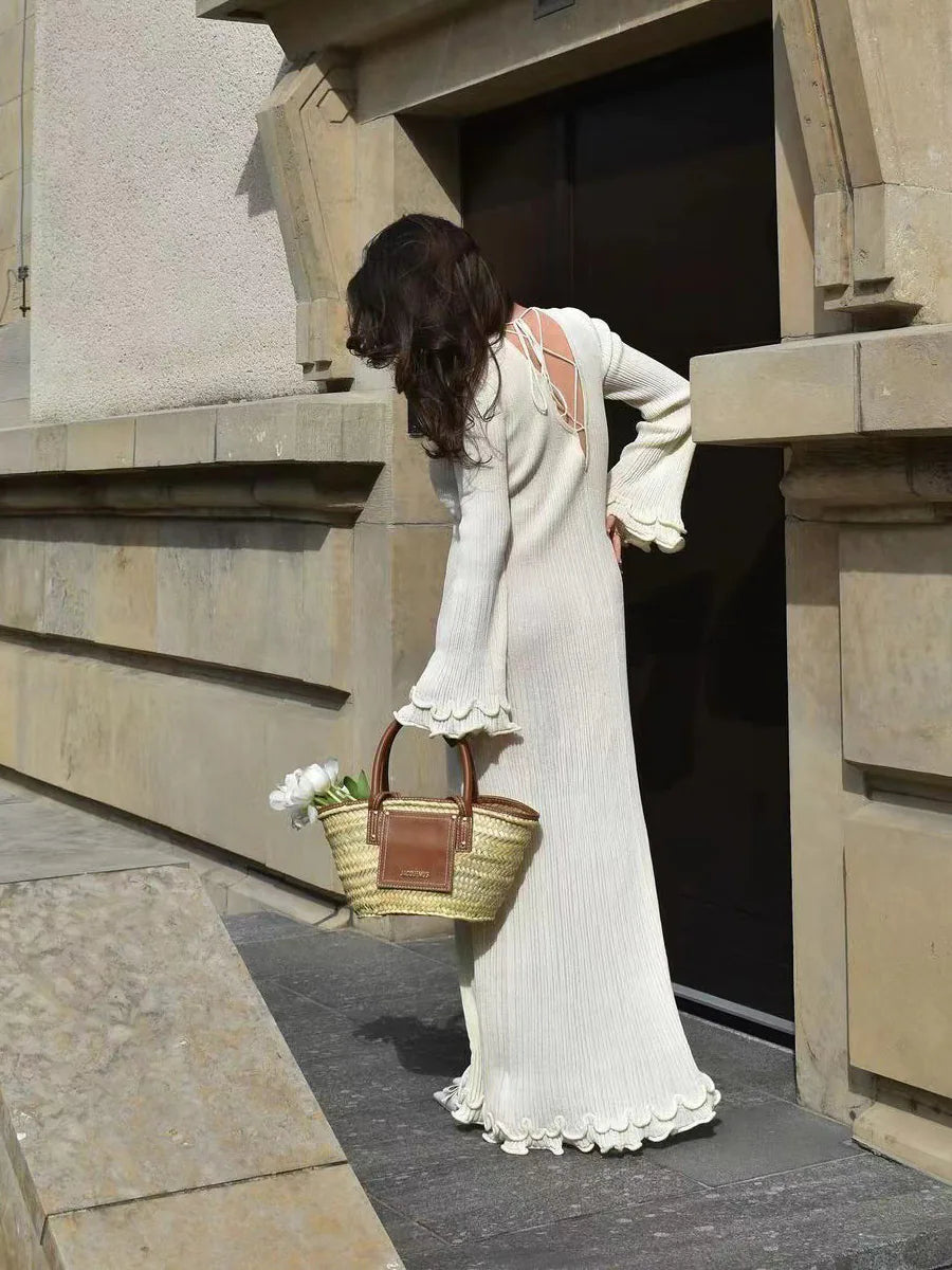 Pleated Ruffled Backless Long Sleeve Dress