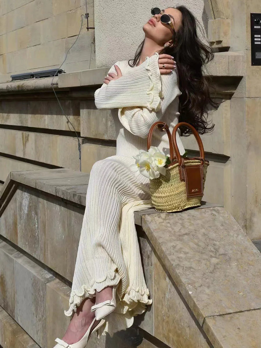 Pleated Ruffled Backless Long Sleeve Dress