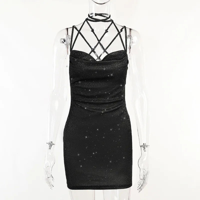 Hip-wrapped backless suspender dress