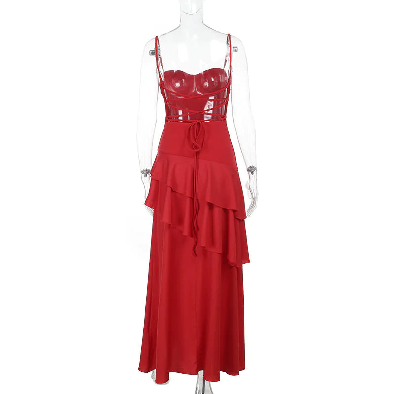 Red backless suspender dress