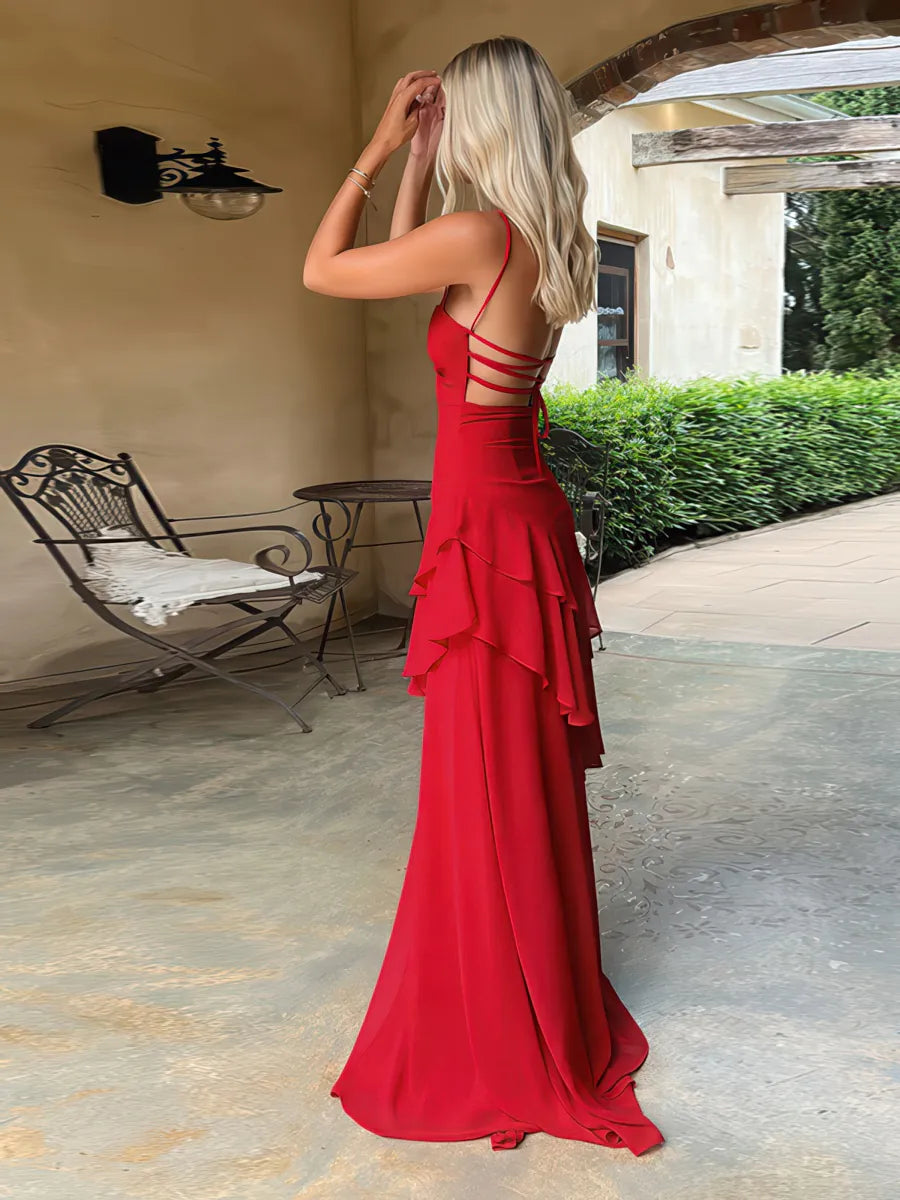 Red backless suspender dress