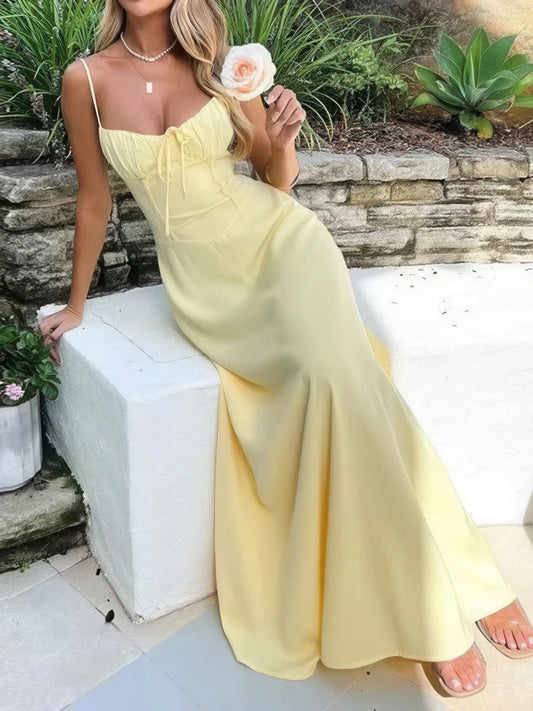 Solid Color A-Line Maxi Dress with Tie