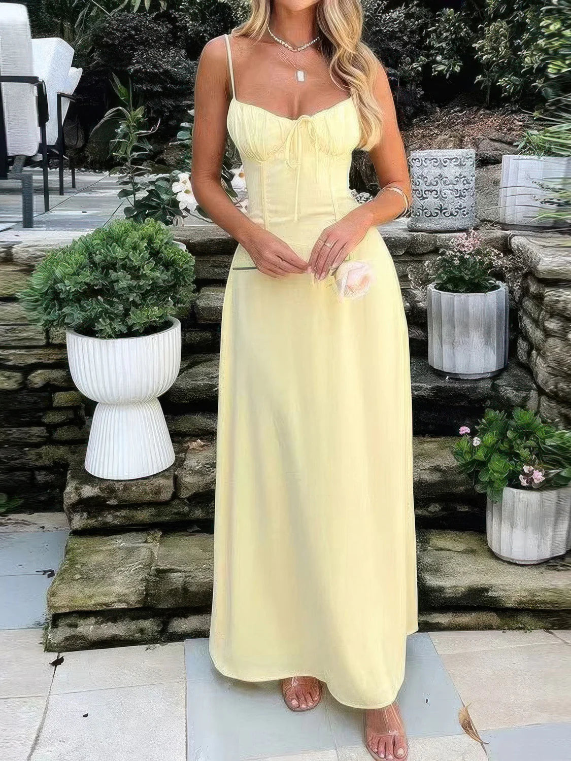 Solid Color A-Line Maxi Dress with Tie