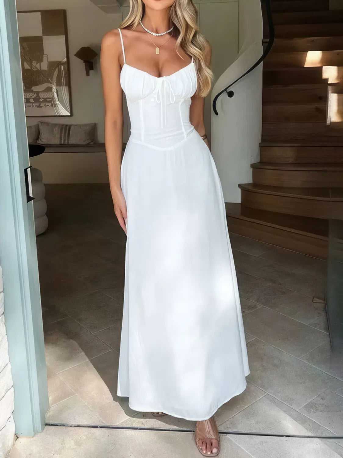 Solid Color A-Line Maxi Dress with Tie