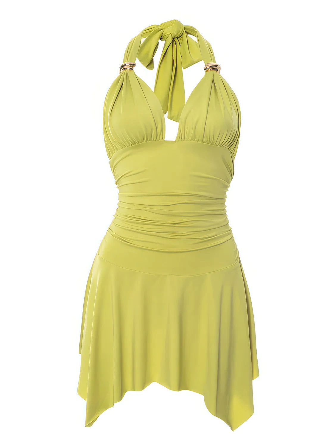 Yellow halter neck dress with tied straps on a white background #Color_Green