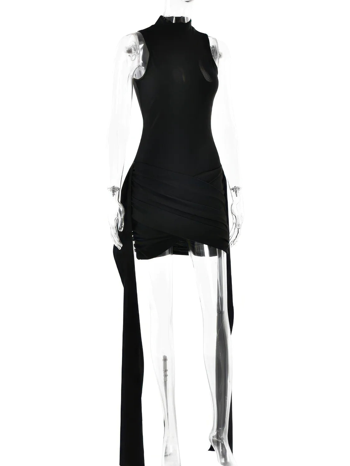 Black sleeveless dress with sheer panels on a white background  #Color_Black