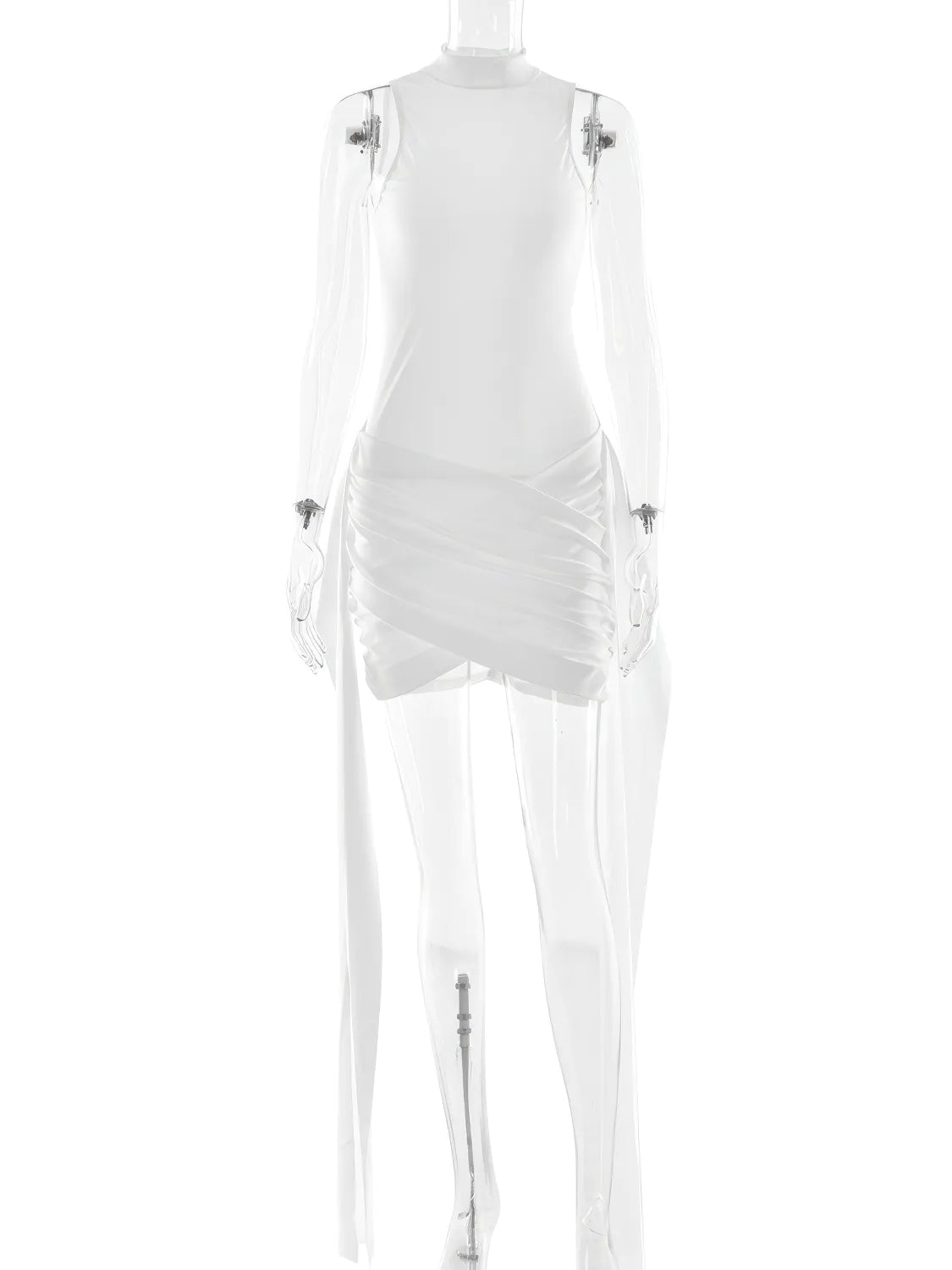 White sleeveless top and pants set on a mannequin against a white background #Color_White
