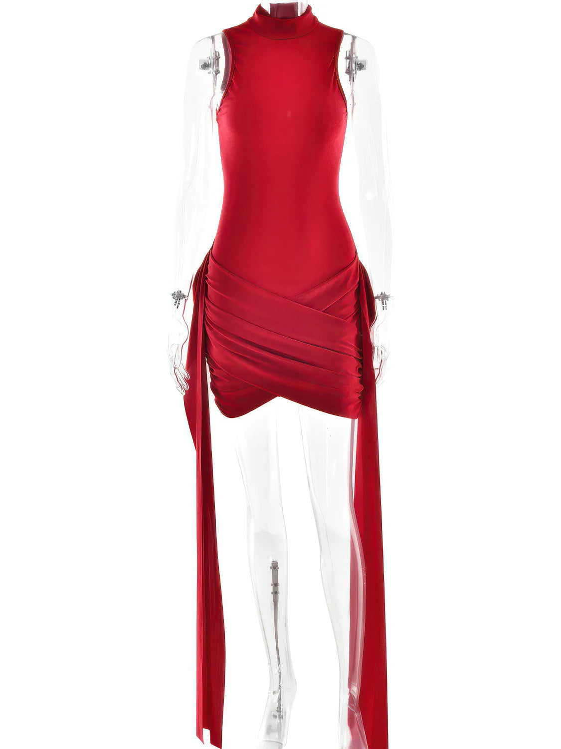 Red dress with a high neckline and draped front on a white background #Color_Red