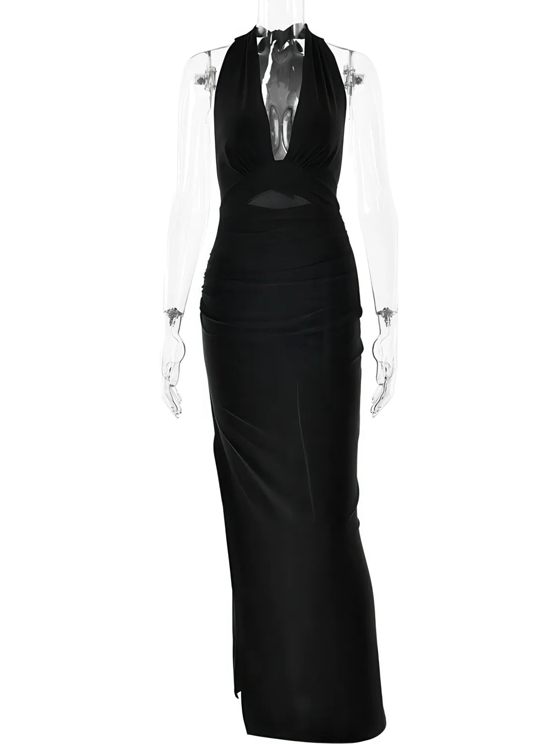 Black evening gown on a mannequin against a white background. #Color_Black