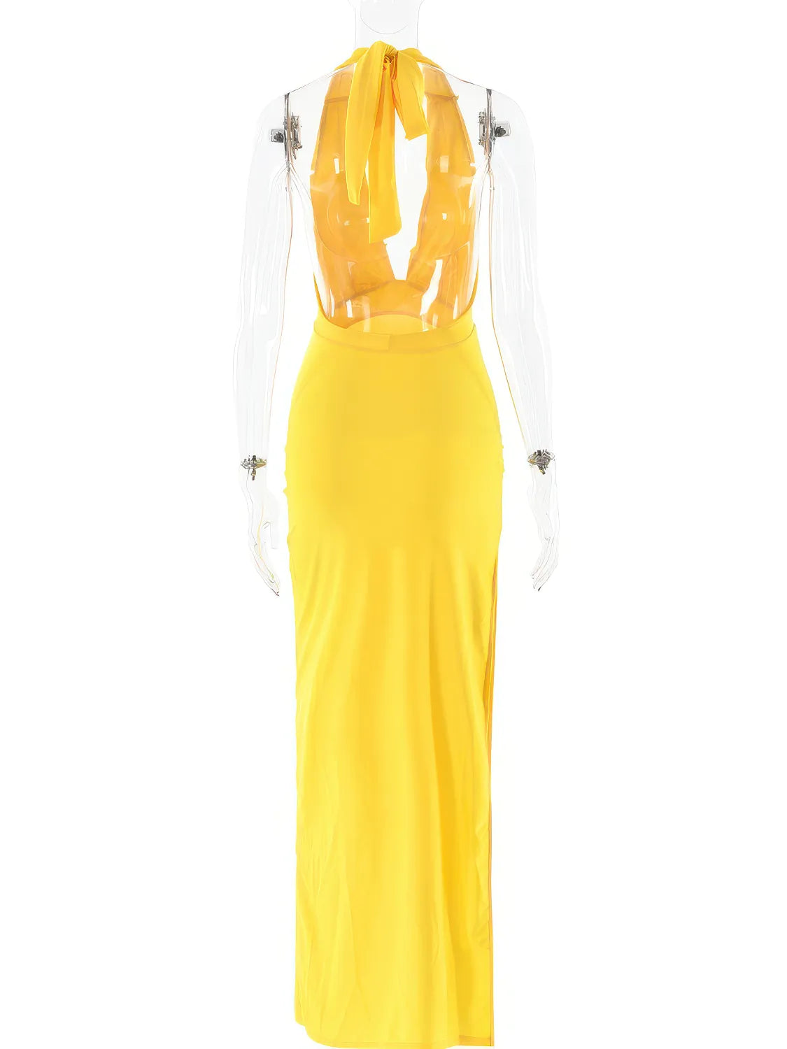 Yellow dress on a clear mannequin with a white background. #Color_Yellow