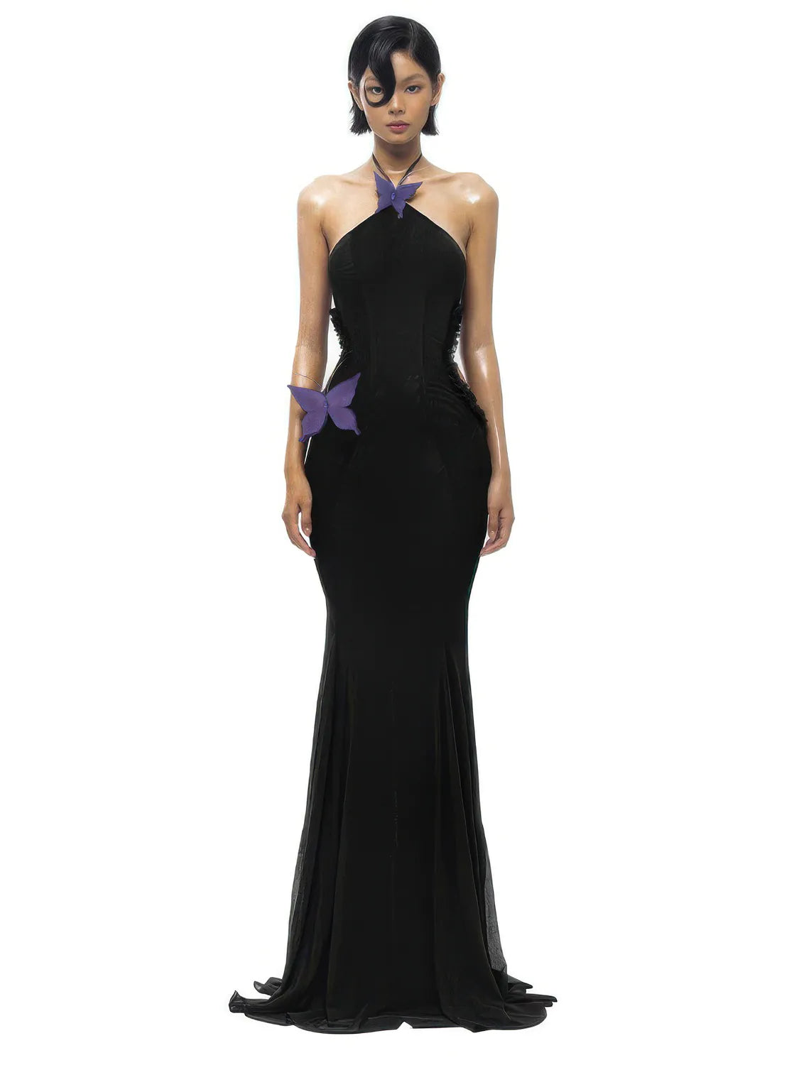 Black evening gown with purple butterfly accents on a white background. #Color_Black