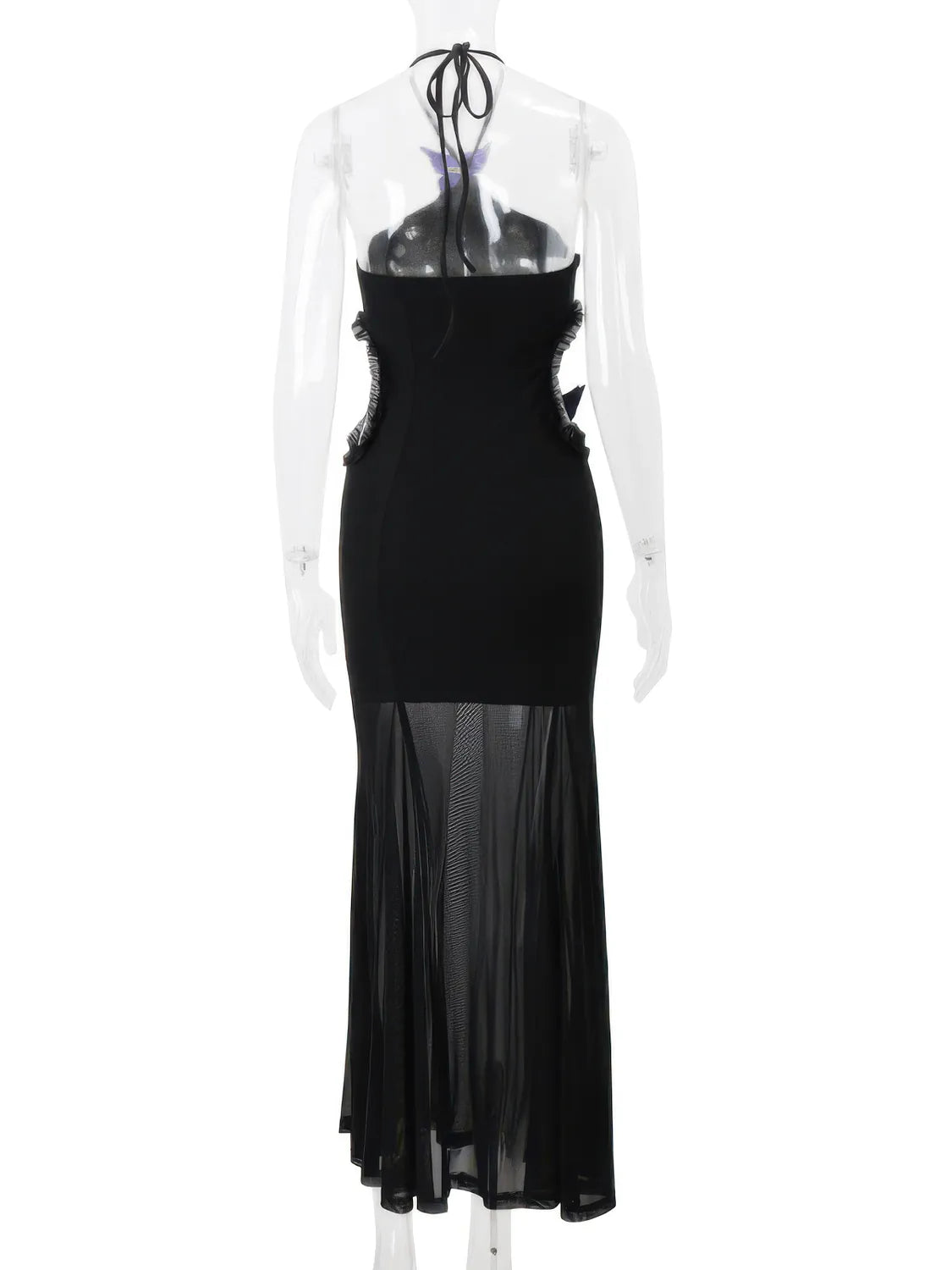 Black dress with sheer overlay on a white background. #Color_Black